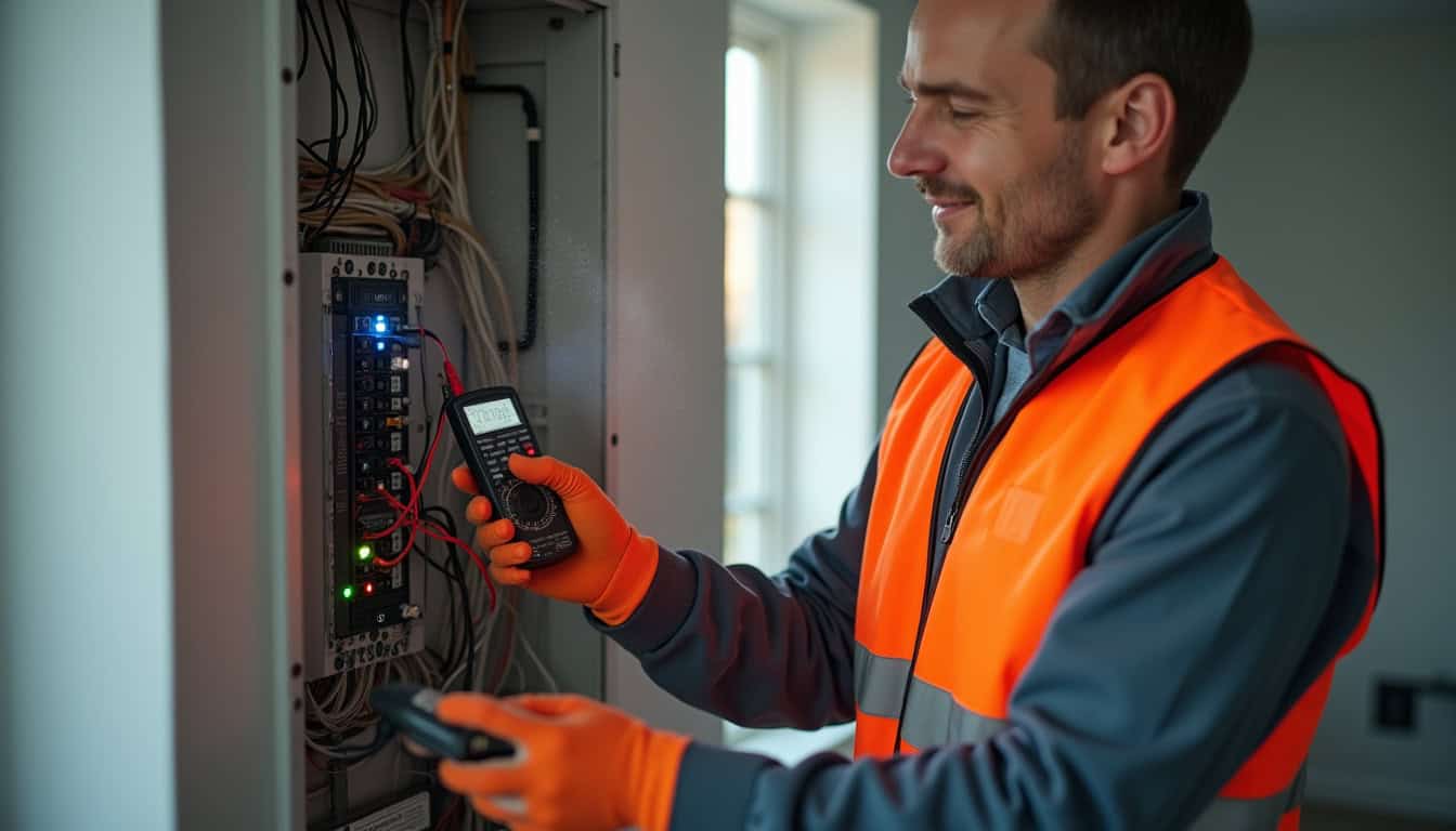 Technicien IRVE réalisant un diagnostic électrique dans un logement à Hillion