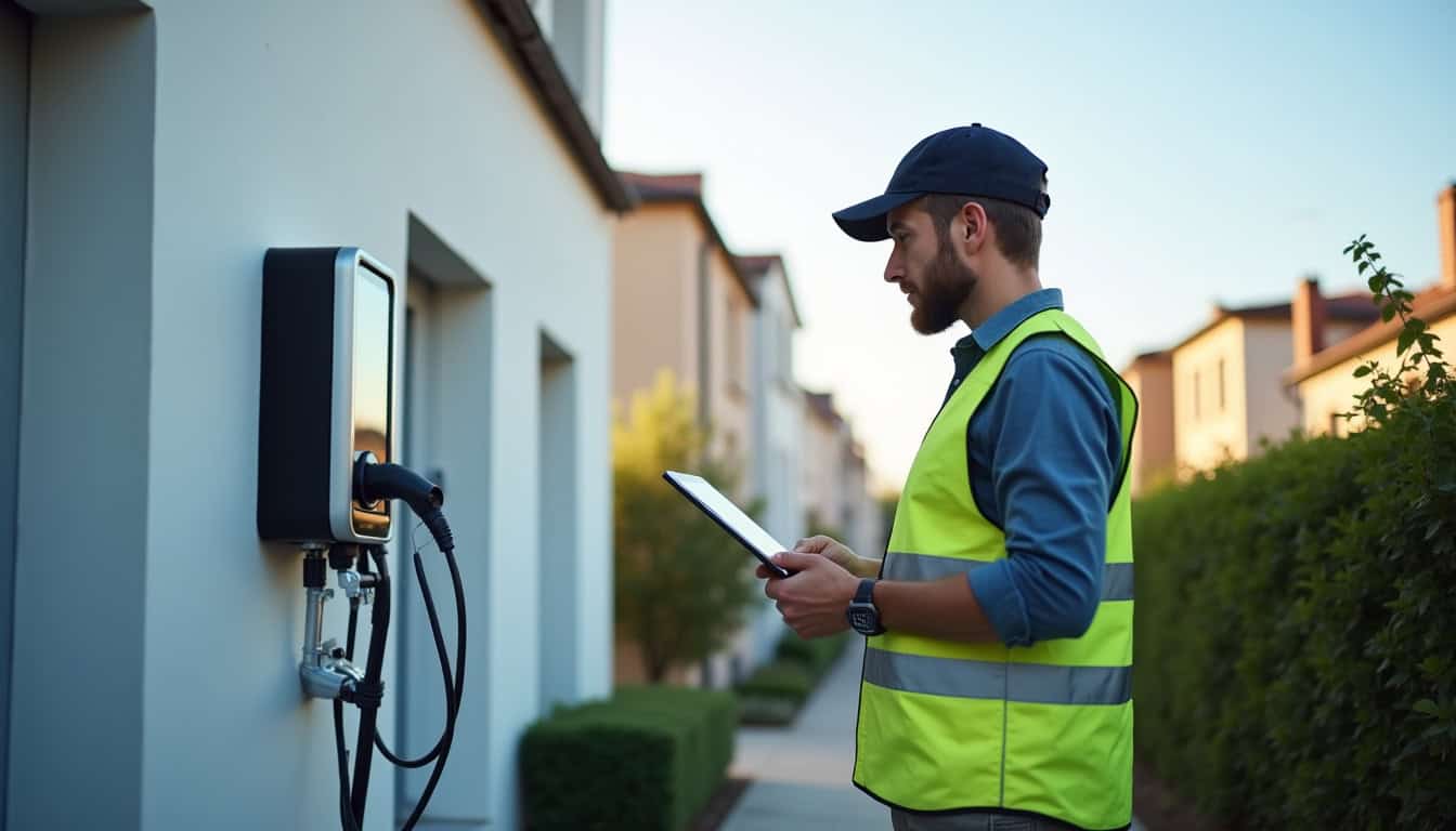 Technicien IRVE réalisant une visite technique avant installation d'une borne de recharge