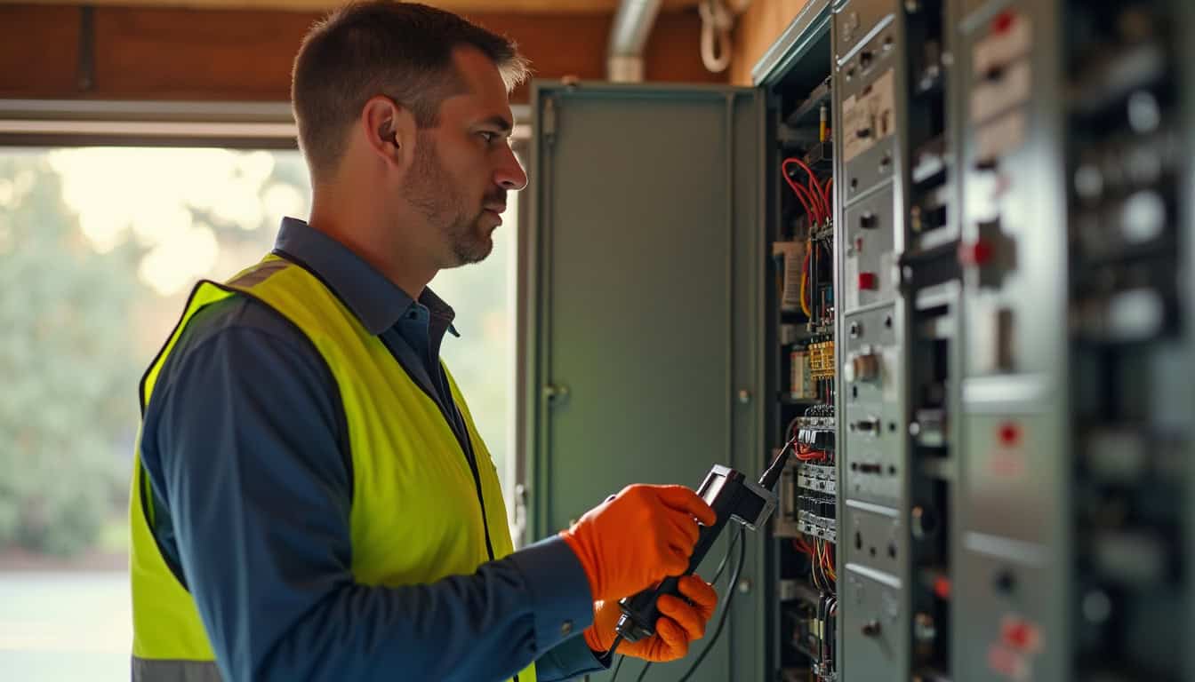 Technicien IRVE vérifiant le tableau électrique avant installation d