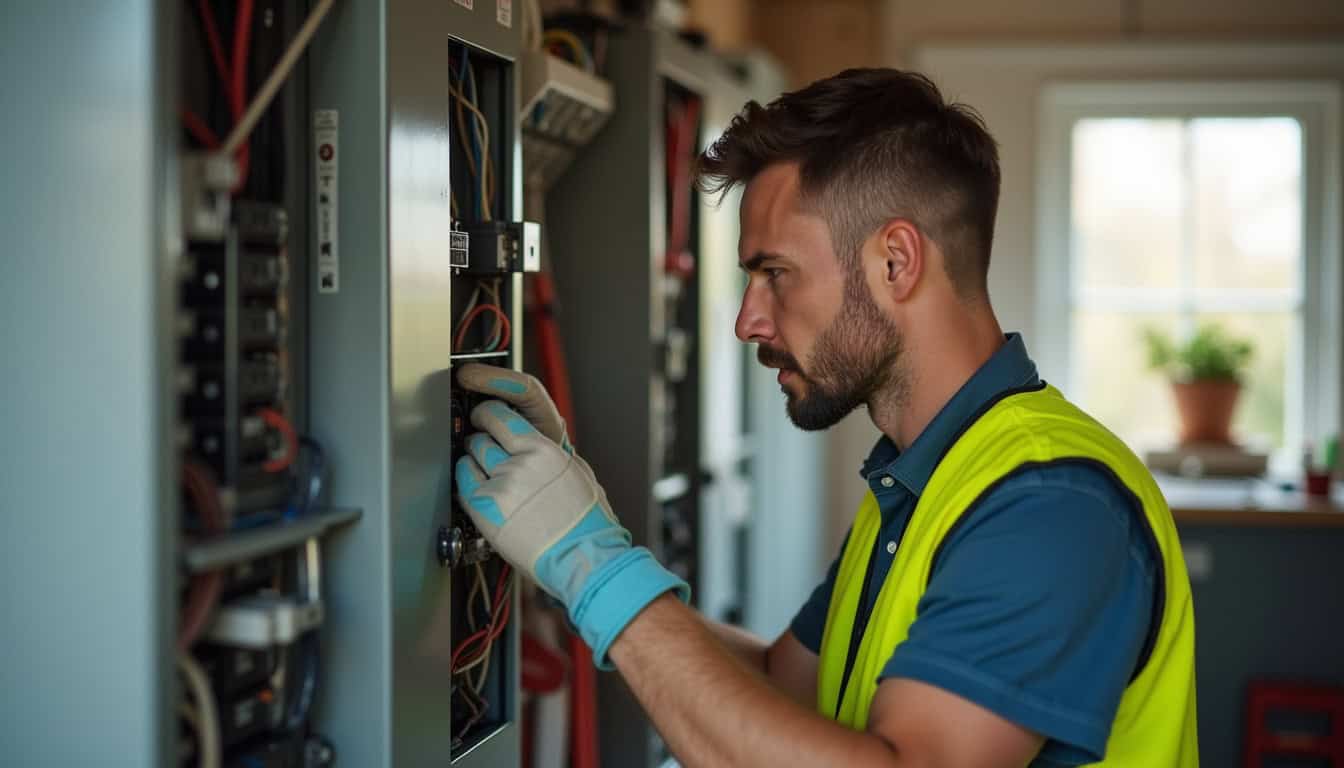 Technicien IRVE vérifiant le tableau électrique avant installation d