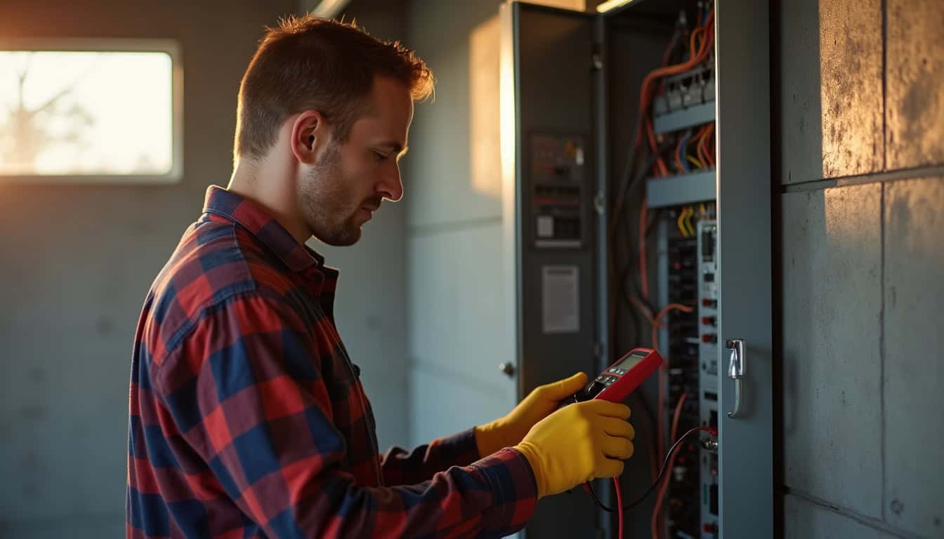 Technicien IRVE vérifiant le tableau électrique avant installation d'une borne de recharge