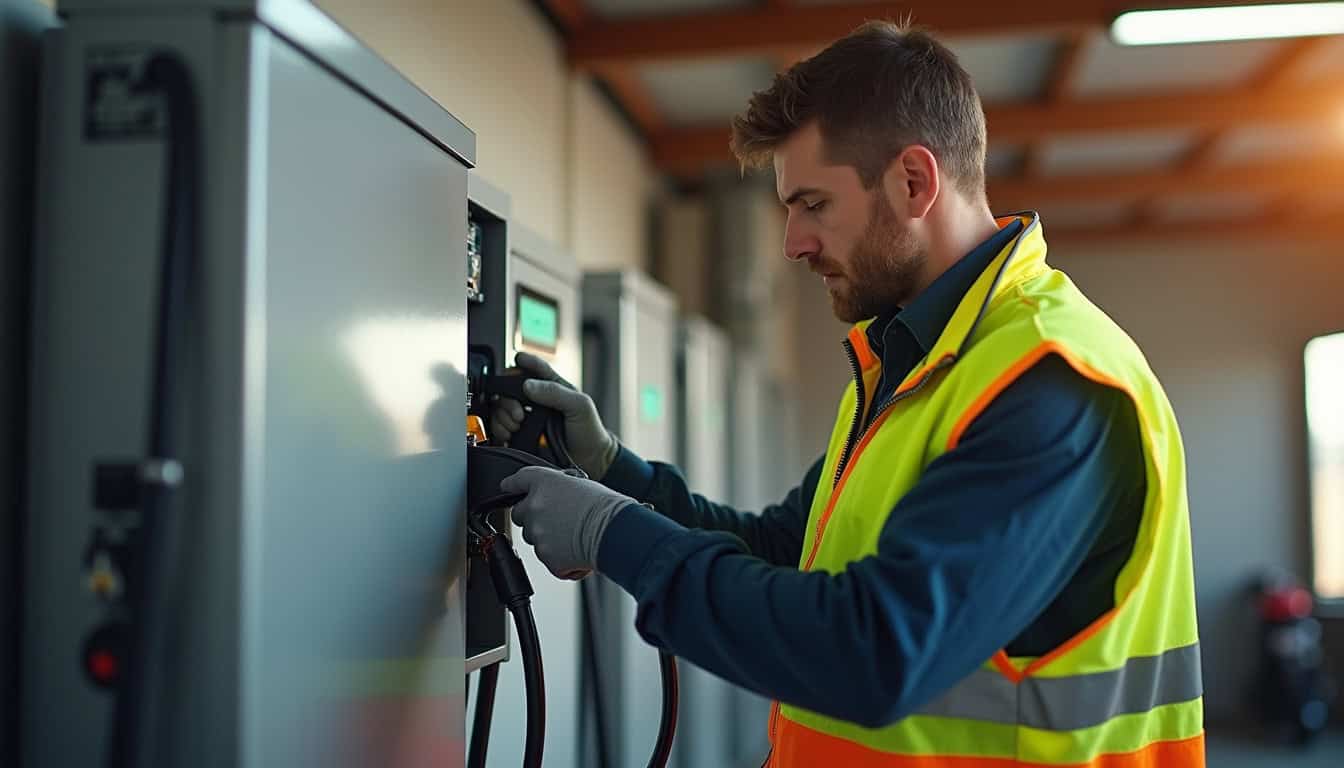Technicien IRVE vérifiant le tableau électrique avant installation d'une borne
