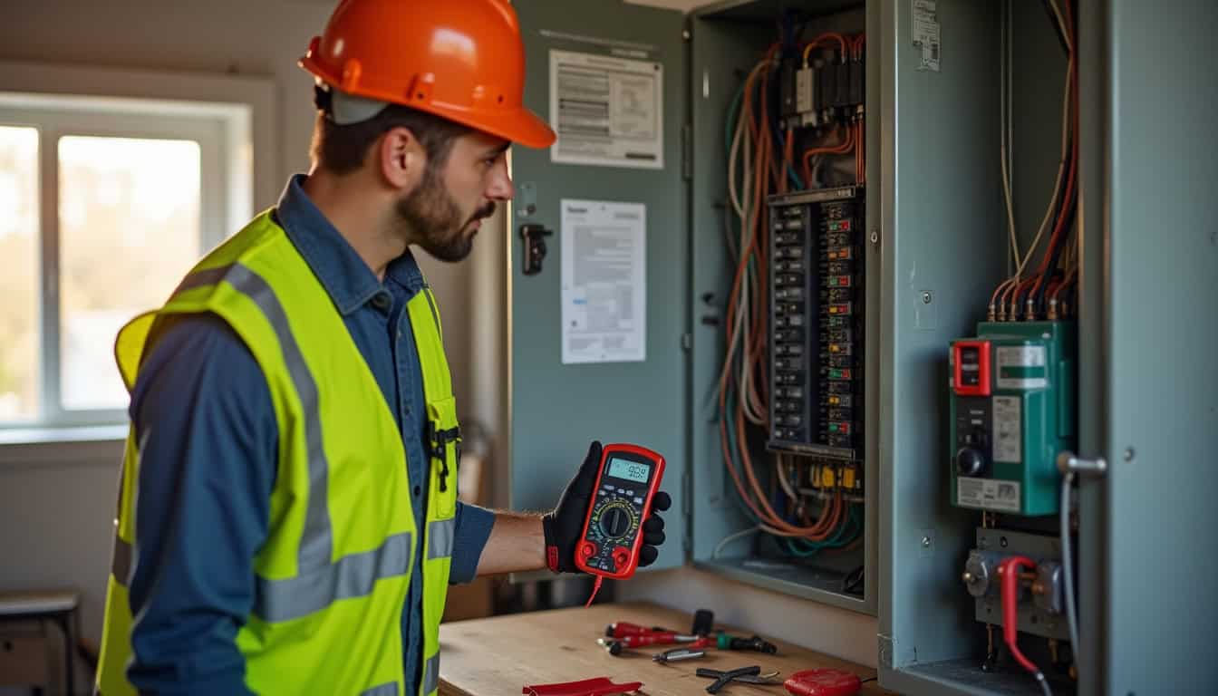 Technicien IRVE vérifiant un tableau électrique avant installation d'une borne de recharge