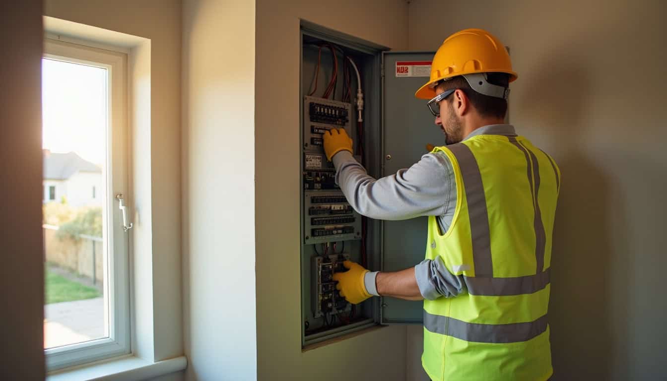Technicien IRVE vérifiant un tableau électrique dans une maison à Noaillan