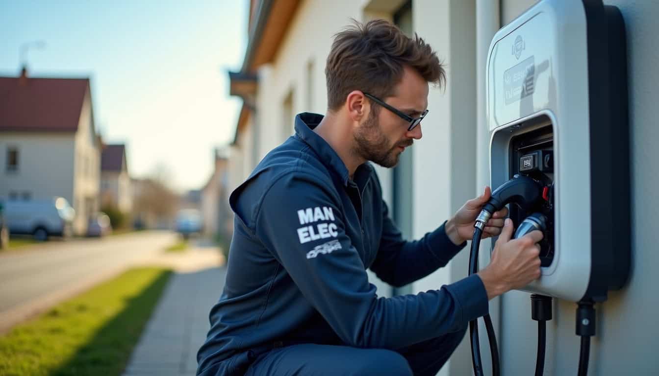 Technicien MAN ELEC en train d'installer une borne de recharge