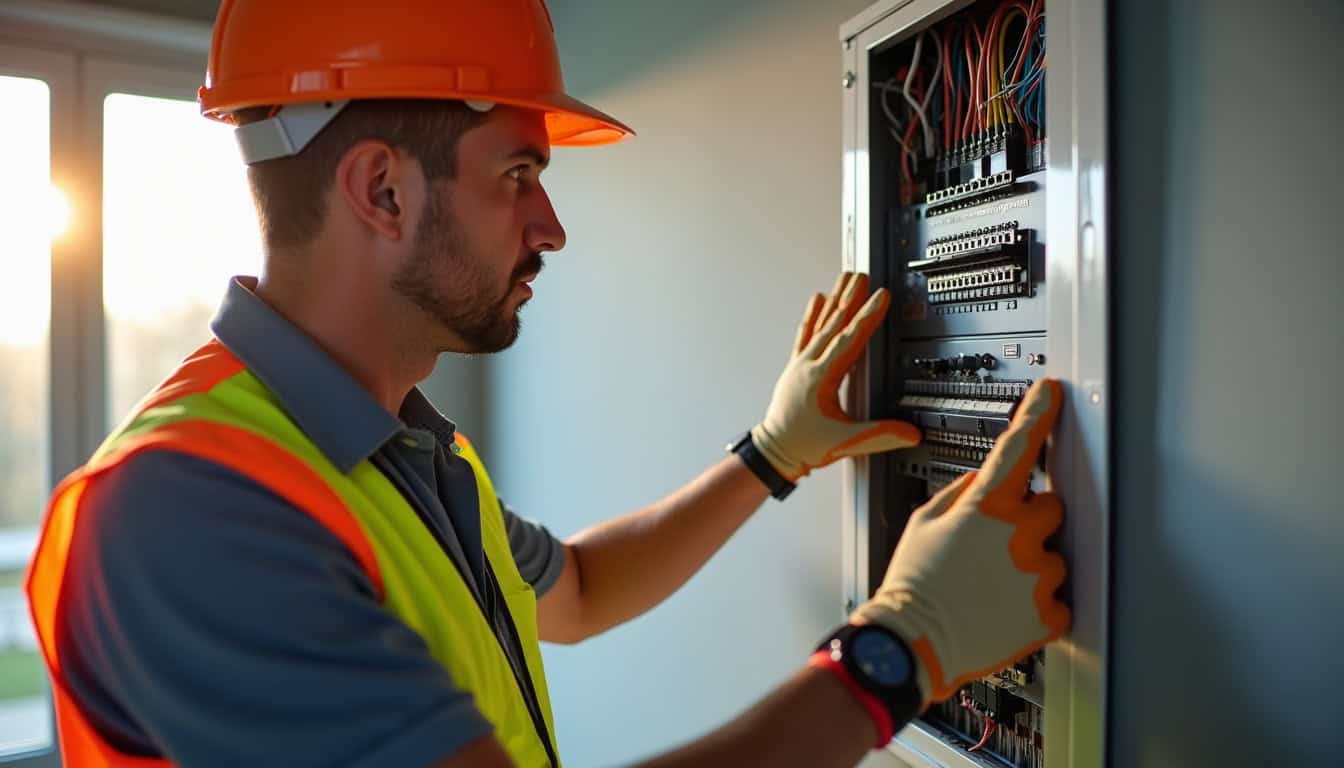 Technicien professionnel vérifiant un tableau électrique dans une maison à Cellieu avant installation d'une borne de recharge