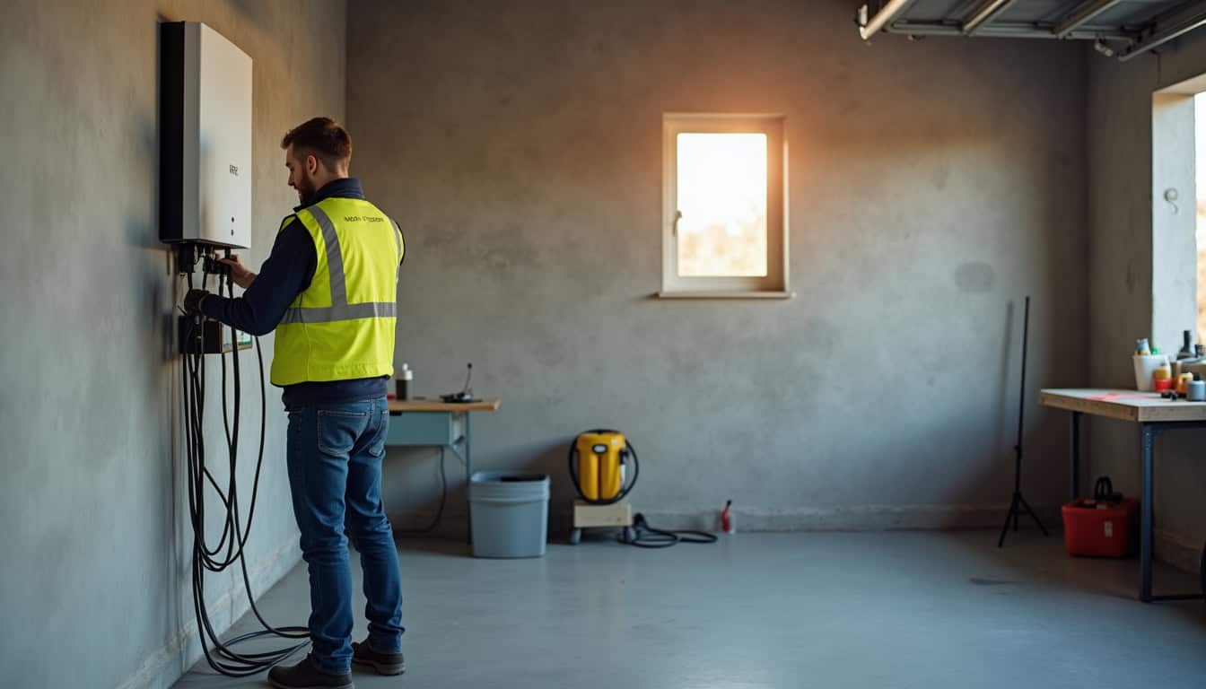 Technicien qualifié IRVE en train d’installer une borne de recharge murale dans un garage à Port-en-Bessin-Huppain