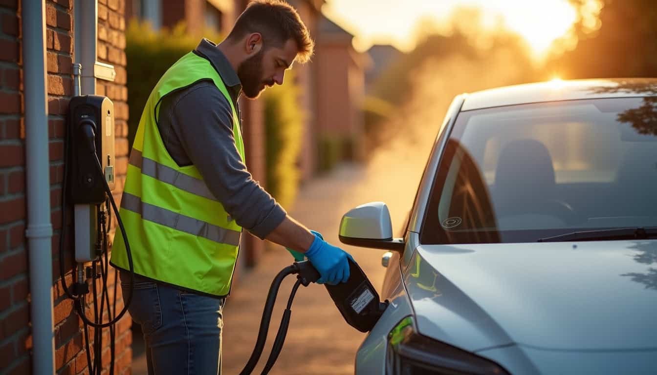 Technicien spécialisé vérifiant le fonctionnement d'une borne électrique après installation