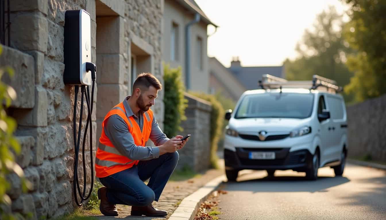 Technicien vérifiant le bon fonctionnement d'une borne de recharge à Baulon