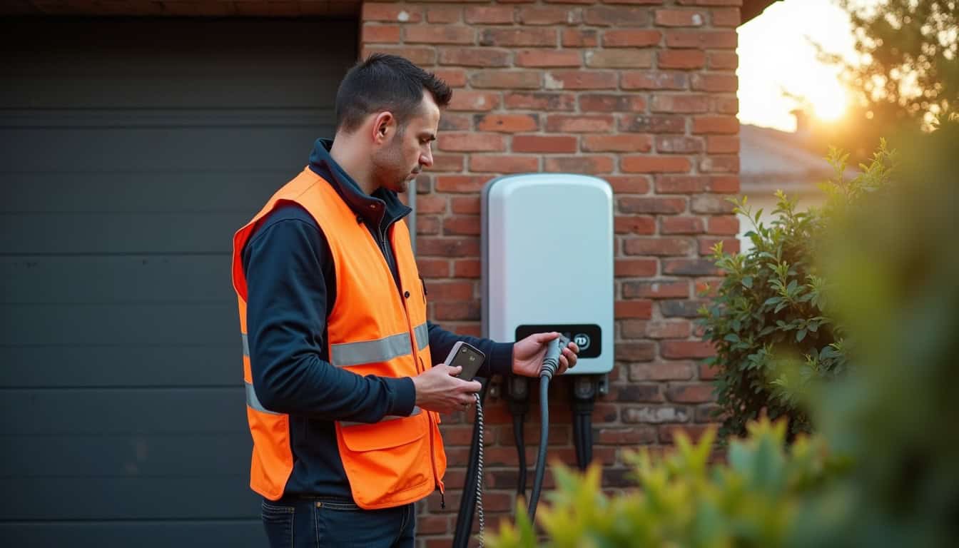 Technicien vérifiant le bon fonctionnement d'une borne de recharge à Bréviandes