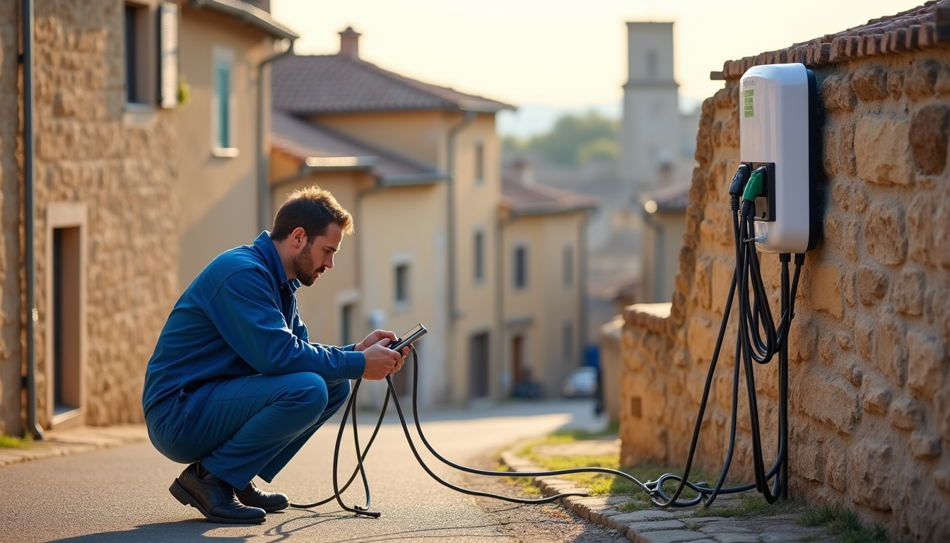 Technicien vérifiant le bon fonctionnement d’une borne de recharge à Puy-l’Évêque