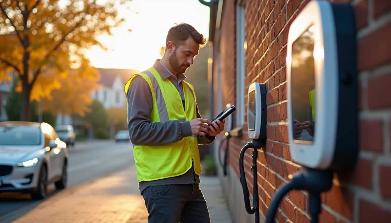 Technicien vérifiant le bon fonctionnement d'une borne de recharge électrique à Saint-Épain