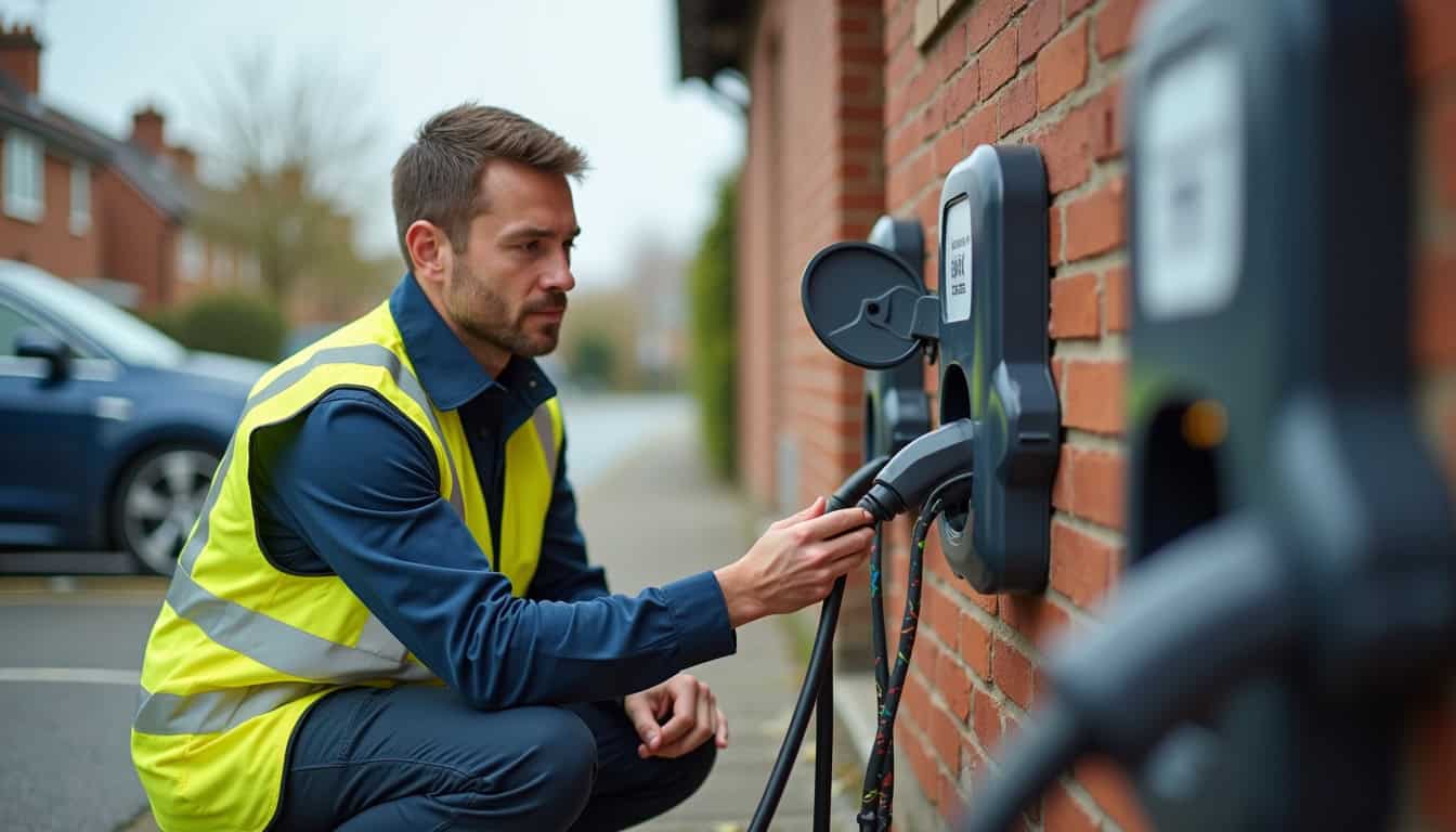 Technicien vérifiant le bon fonctionnement d'une borne de recharge électrique