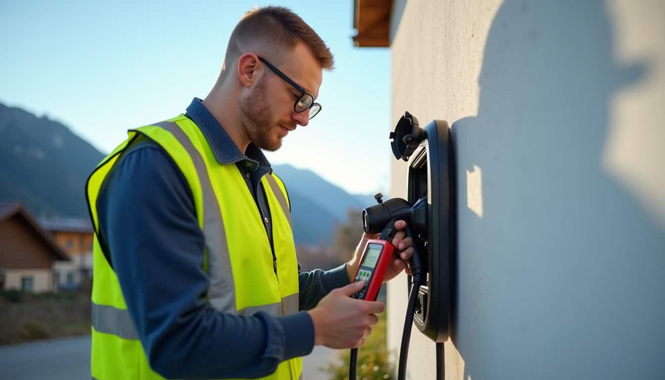 Technicien vérifiant le câble et le boîtier d'une borne de recharge à Onnion