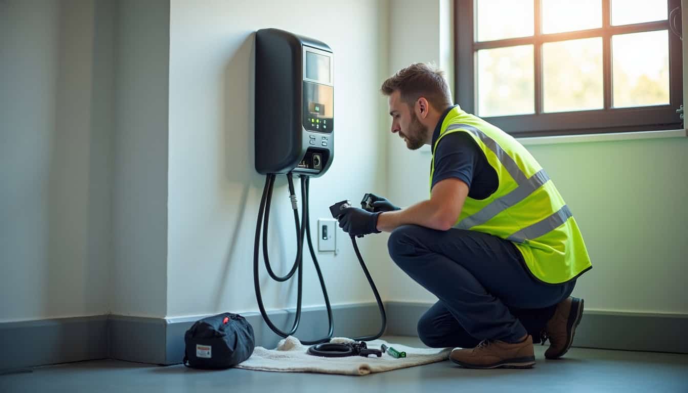Technicien vérifiant le fonctionnement d'une borne de recharge électrique à Houlle