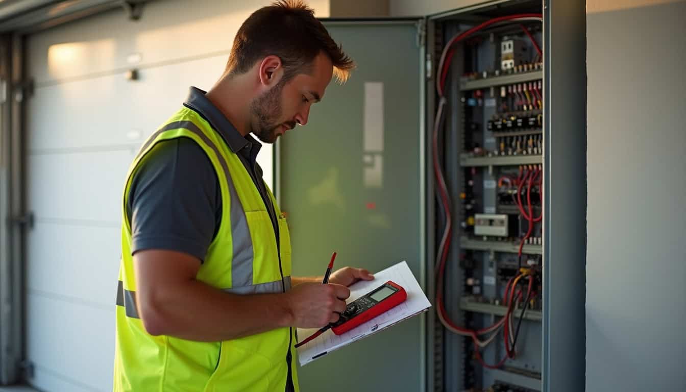 Technicien vérifiant le tableau électrique avant installation d'une borne