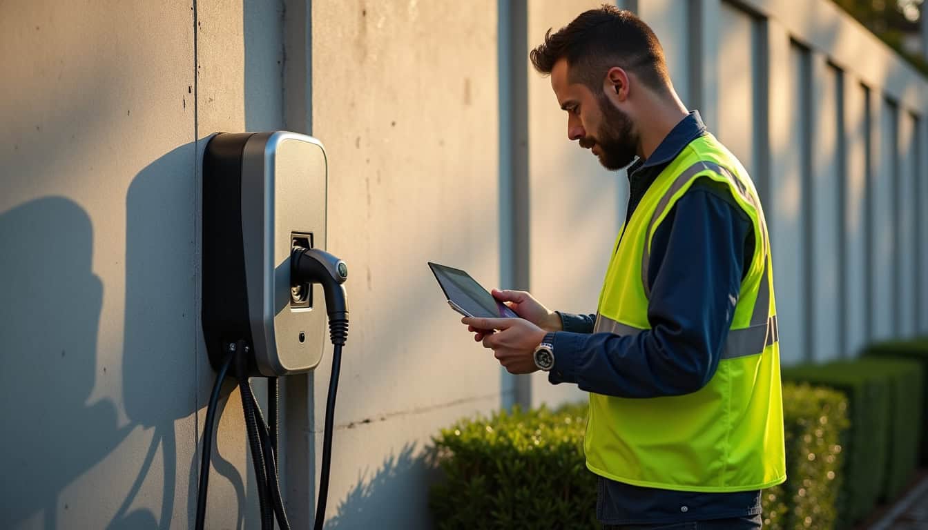 Technicien vérifiant l'état d'une borne de recharge électrique à Tancarville