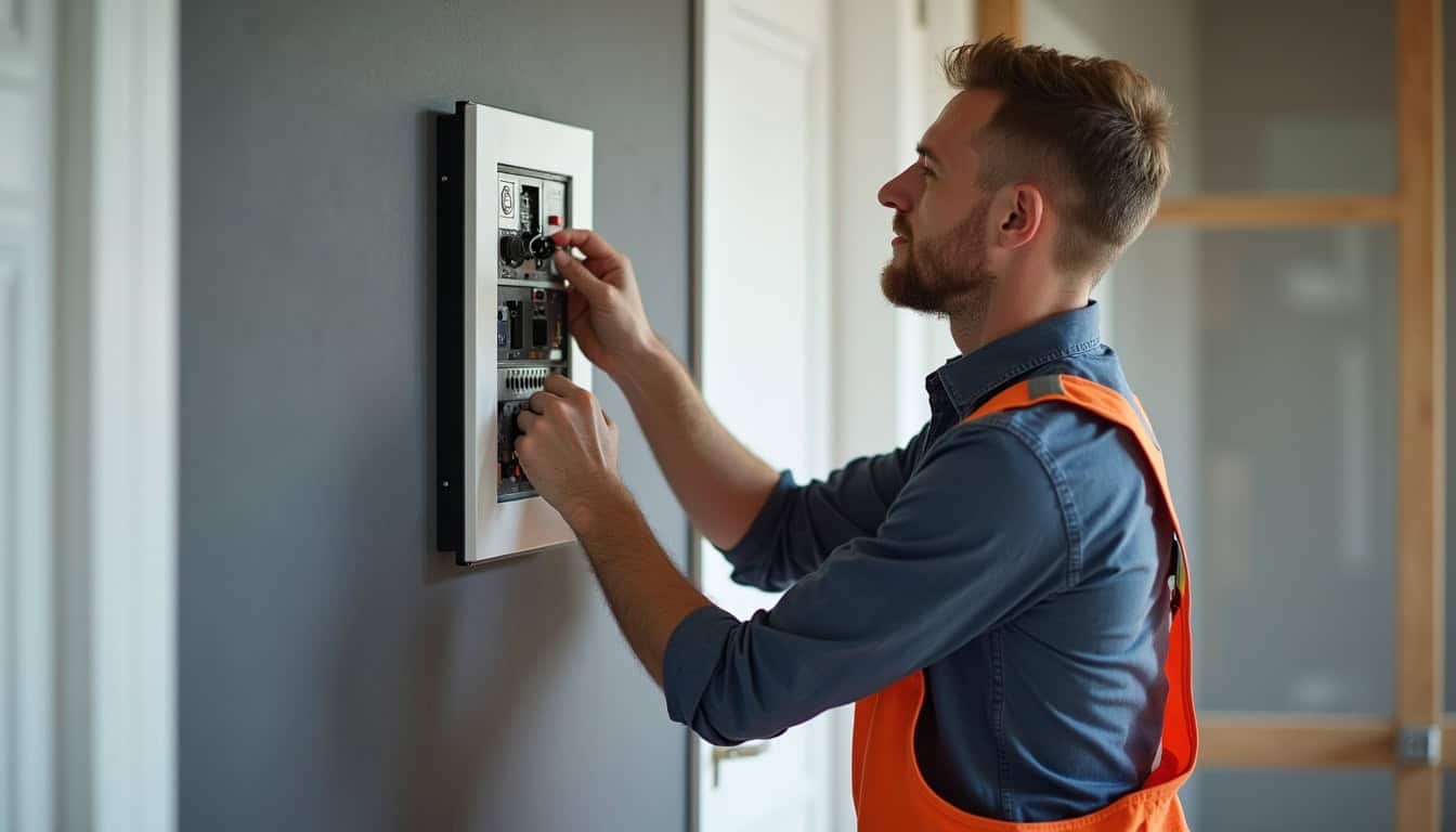 Technicien vérifiant un tableau électrique avant installation d