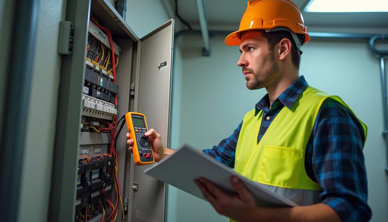 Technicien vérifiant un tableau électrique avant installation de borne