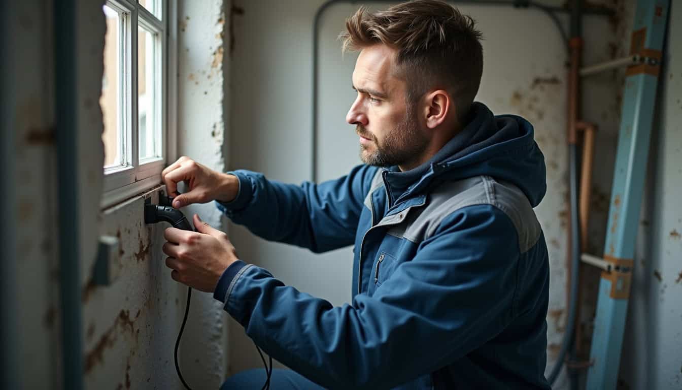 Technicien vérifiant un tableau électrique lors d'une visite technique pour l'installation d'une borne de recharge