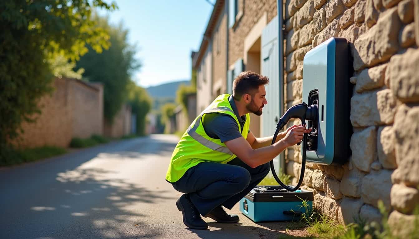 Technicien vérifiant une borne de recharge électrique en extérieur à Tournes
