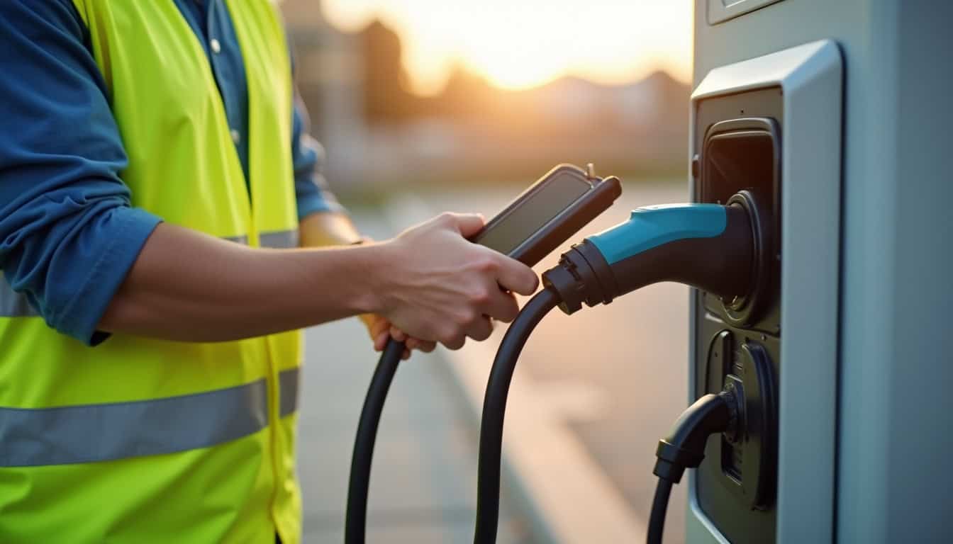 Technicien vérifiant une borne de recharge électrique en extérieur