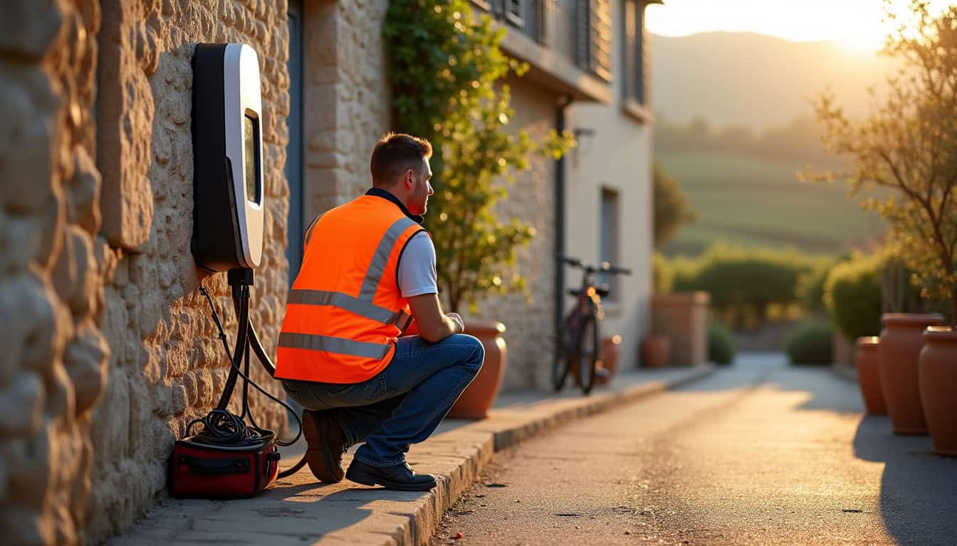 Technicien vérifiant une borne de recharge électrique en extérieur