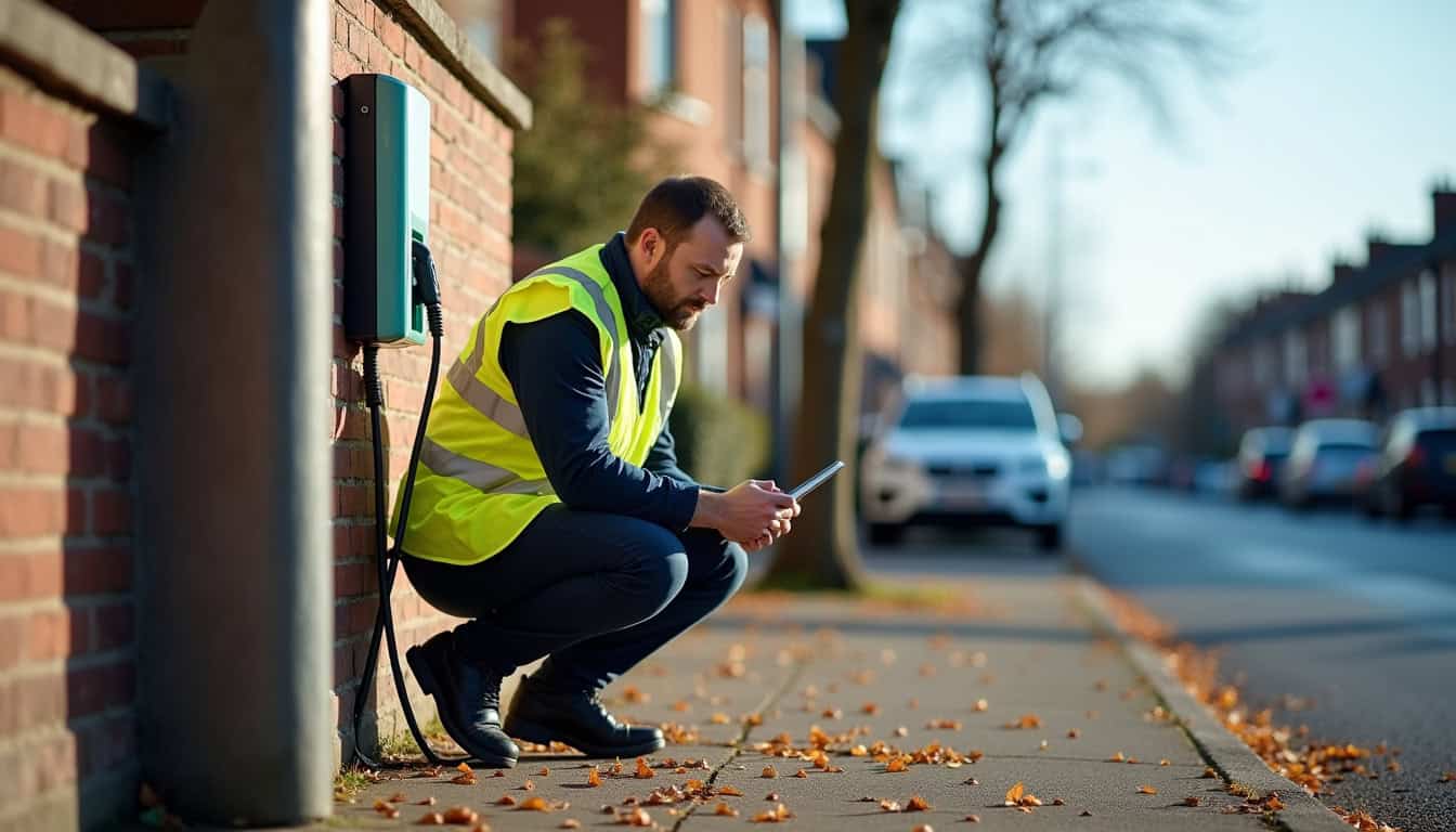 Technicien vérifiant une borne de recharge électrique en extérieur