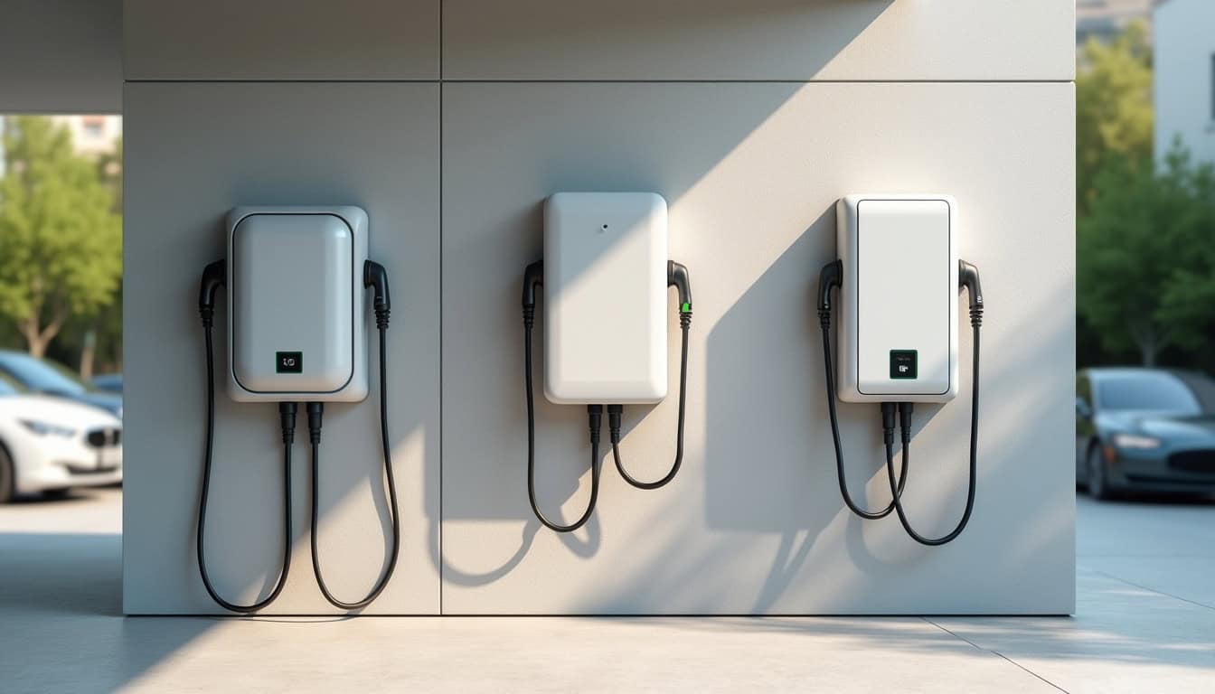 Trois modèles de bornes de recharge murales installées en extérieur