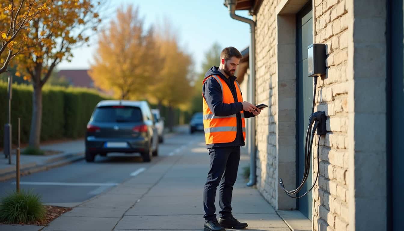 Un électricien certifié IRVE effectue un test de fonctionnement sur une borne de recharge récemment installée à Saint-Mariens