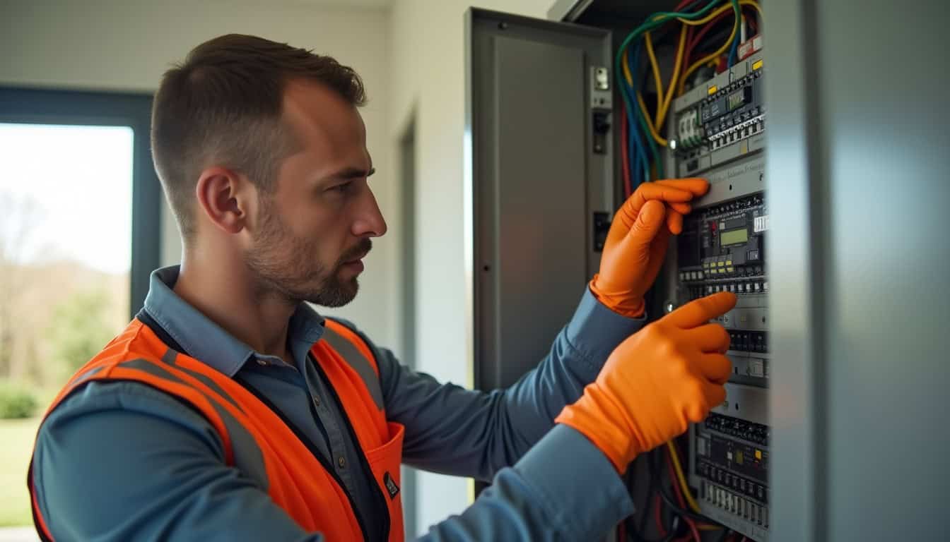 Un électricien certifié IRVE en train de vérifier un tableau électrique à Communay