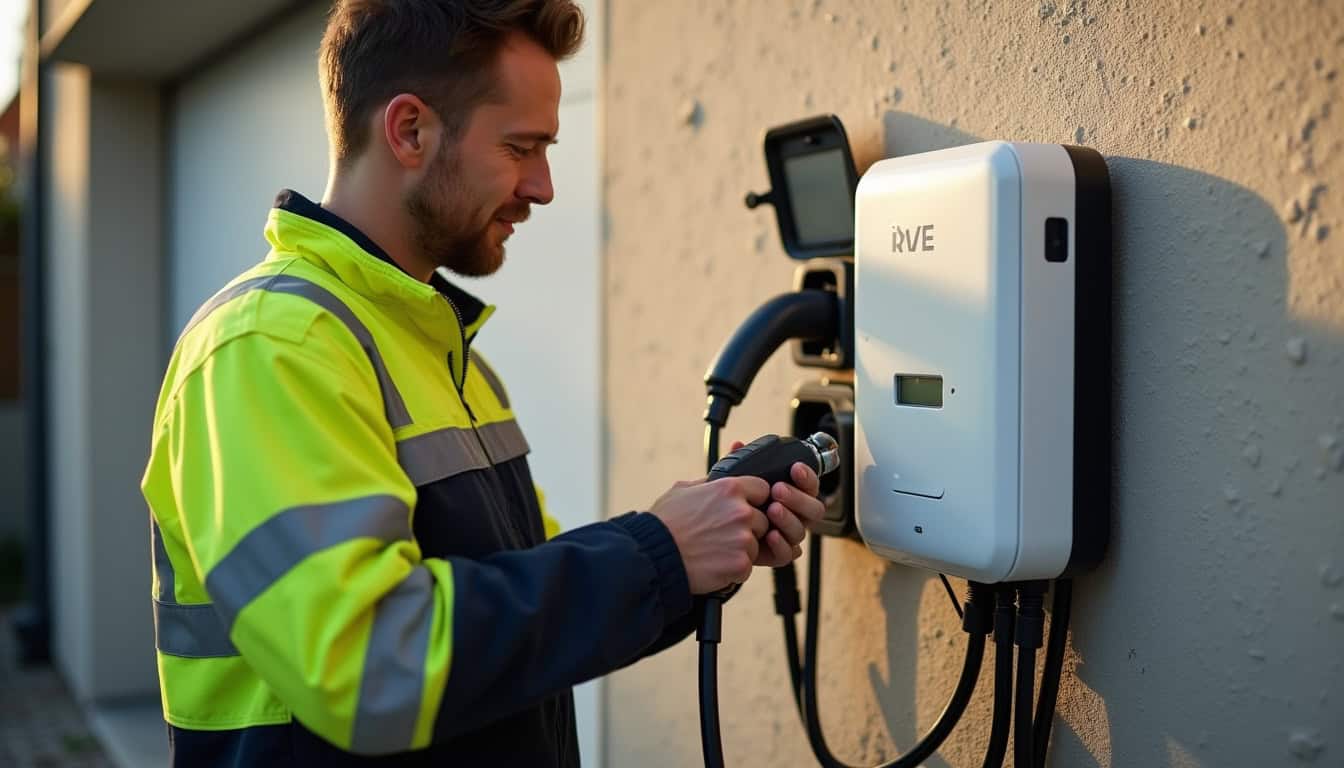 Un électricien certifié IRVE en train d'installer une borne de recharge à Billère