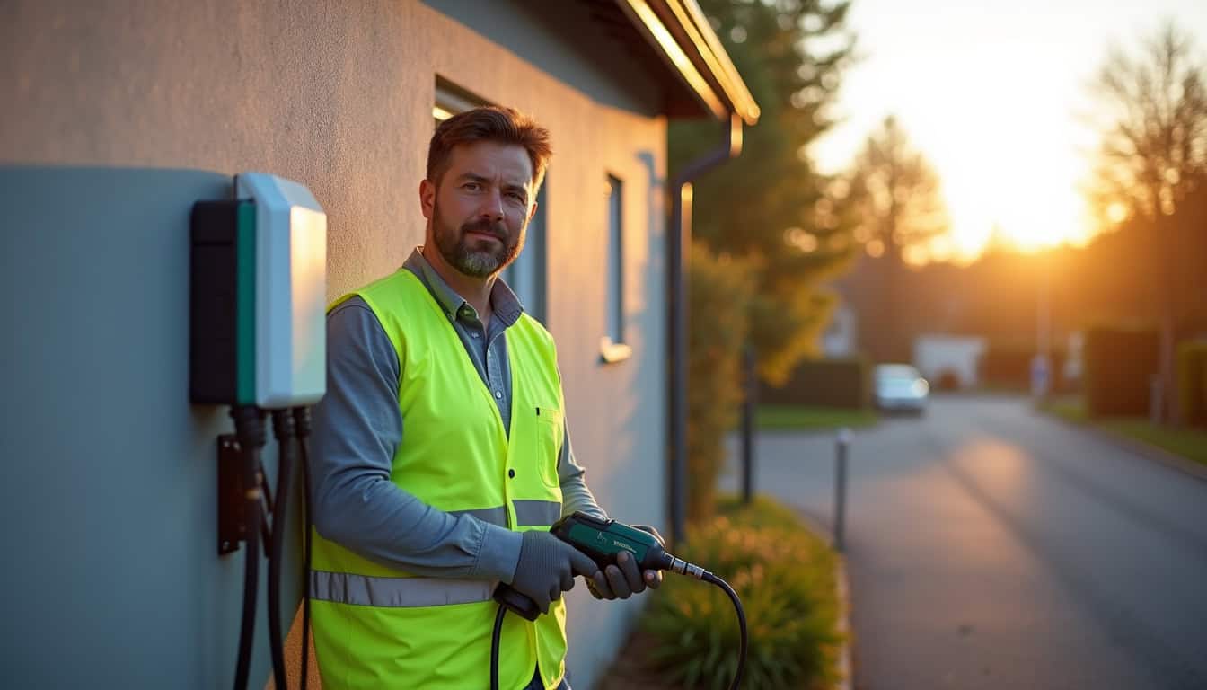 Un électricien certifié IRVE en train d'installer une borne de recharge à Rosselange