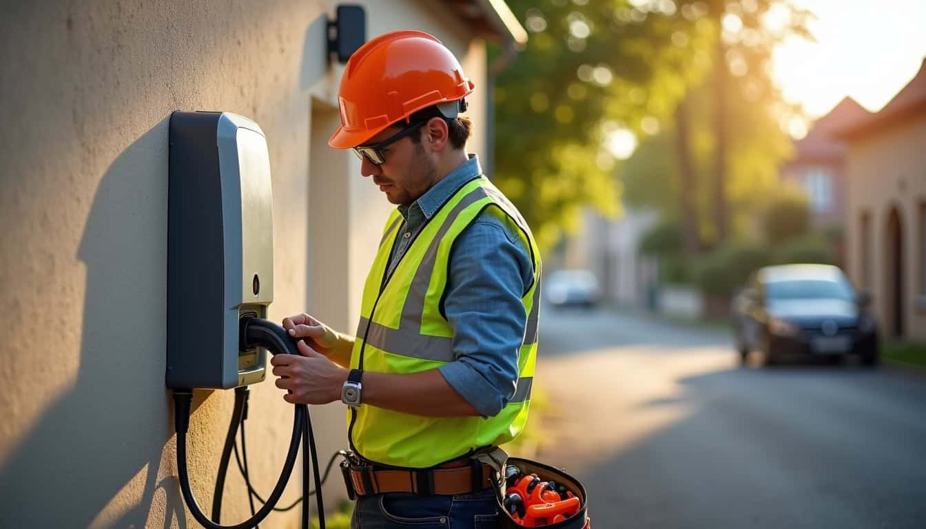 Un électricien certifié IRVE en train d'installer une borne de recharge à Saint-Dionisy