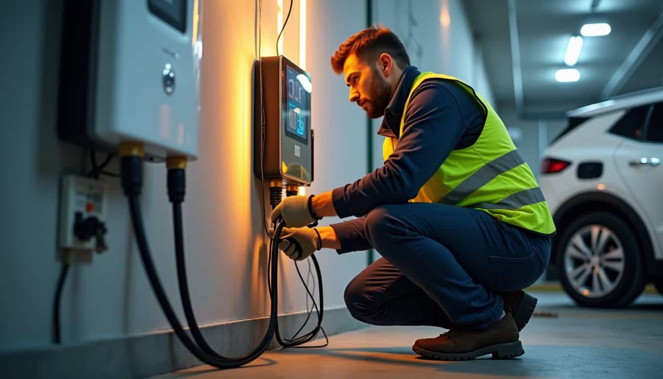Un électricien certifié IRVE en train d'installer une borne de recharge dans un garage à Mitry-Mory