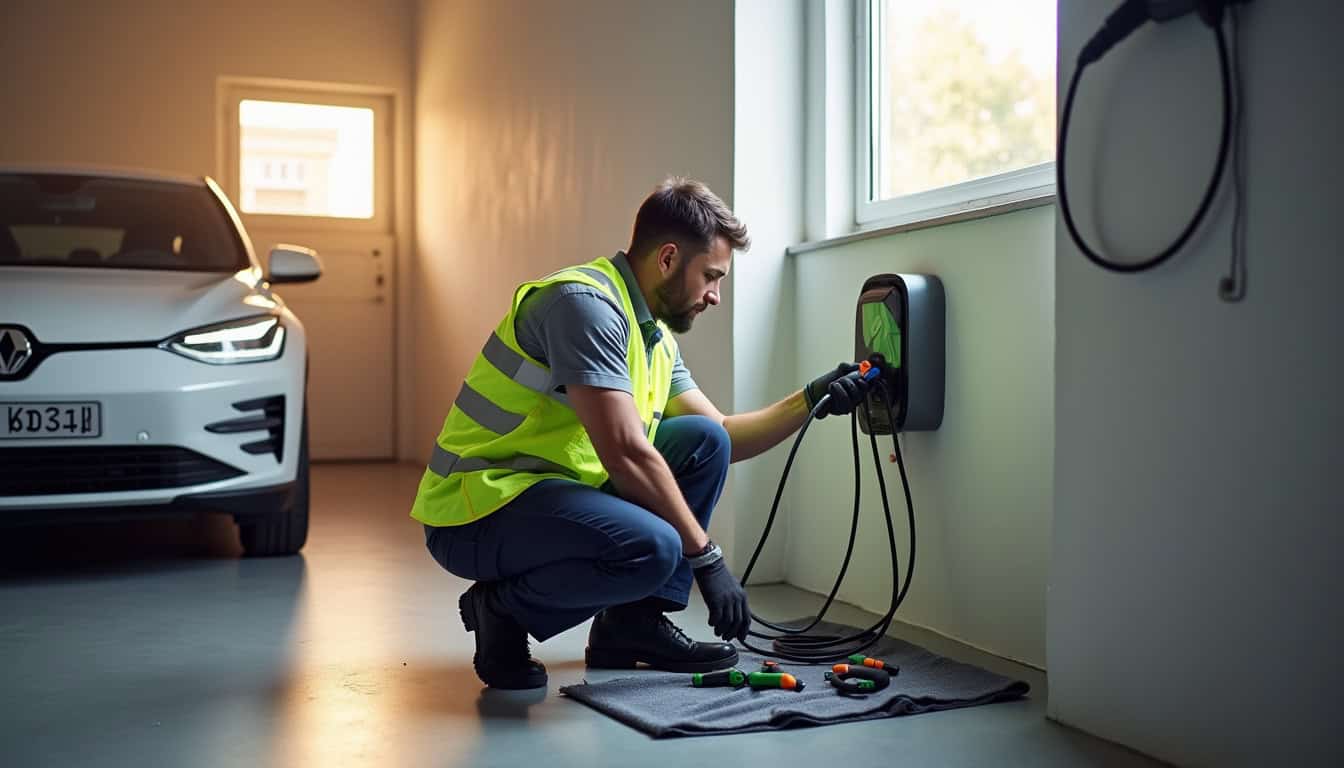 Un électricien certifié IRVE en train d'installer une borne de recharge murale à Gertwiller