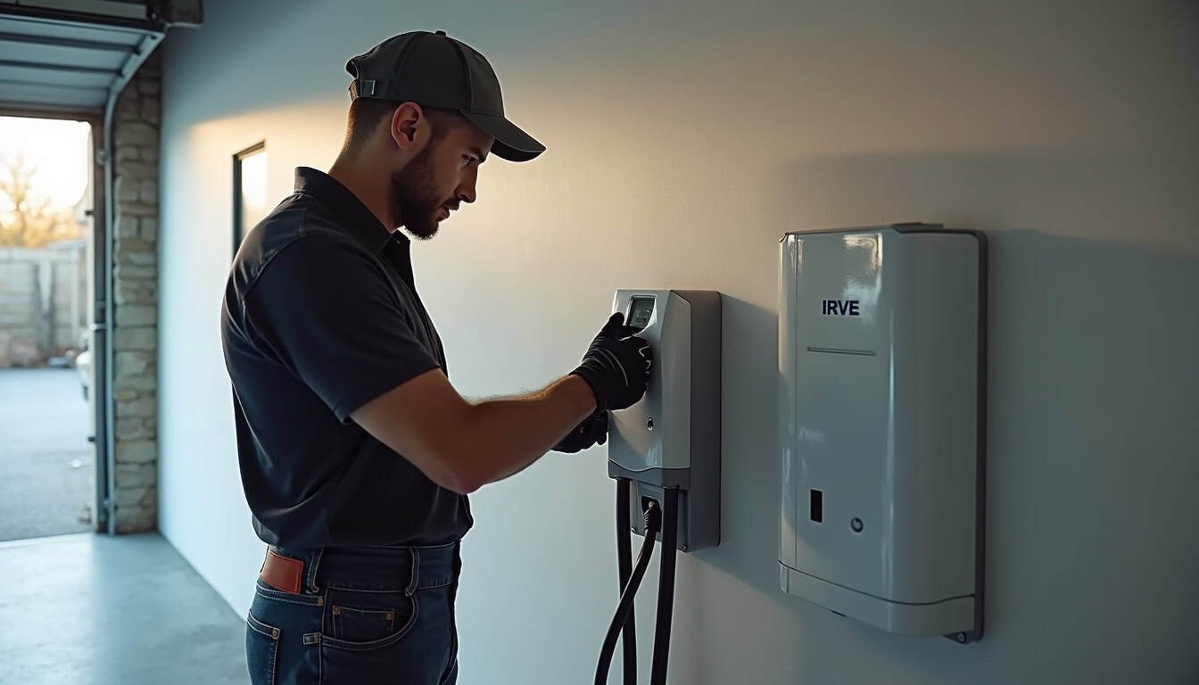 Un électricien certifié IRVE en train d'installer une borne de recharge murale dans un garage