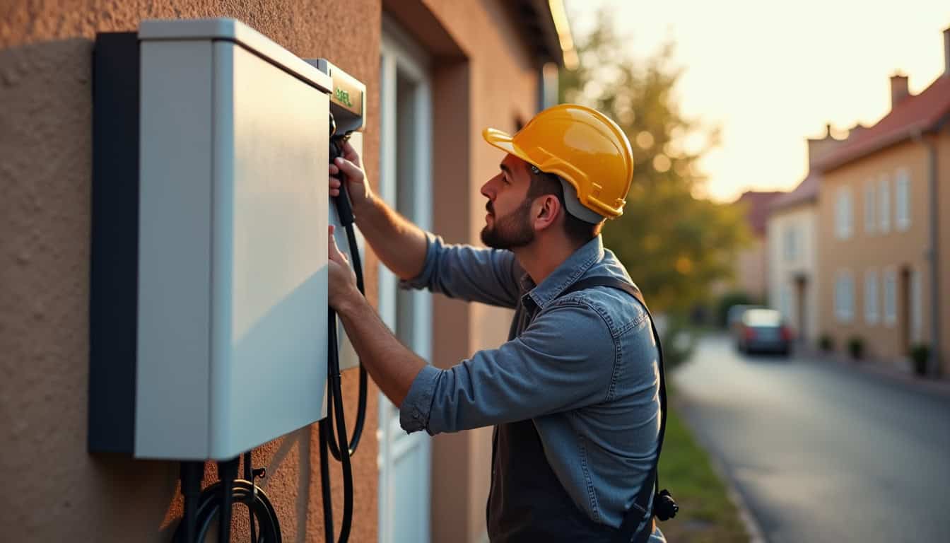 Un électricien certifié IRVE lors de l'installation d'une borne à Santeny