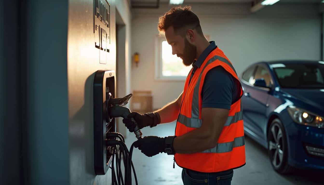 Un électricien en train de connecter une borne électrique à un tableau électrique dans un garage à Erbrée