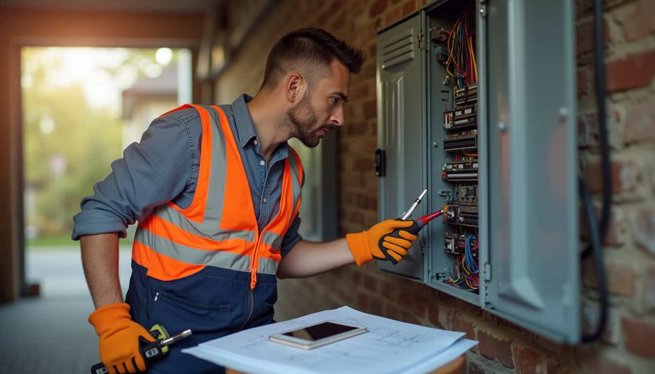 Un électricien en train d'inspecter un tableau électrique pour préparer l'installation d'une borne