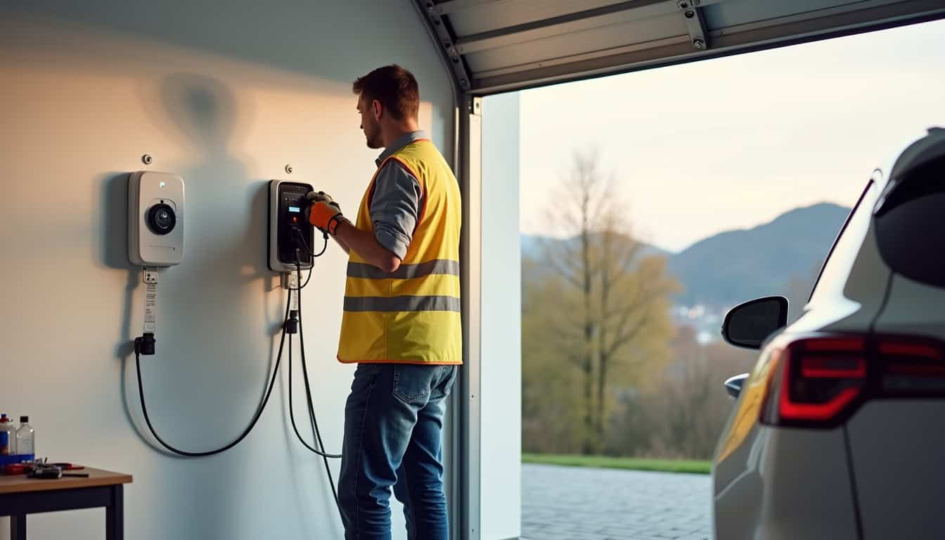 Un électricien en train d'installer une borne de recharge à Widensolen