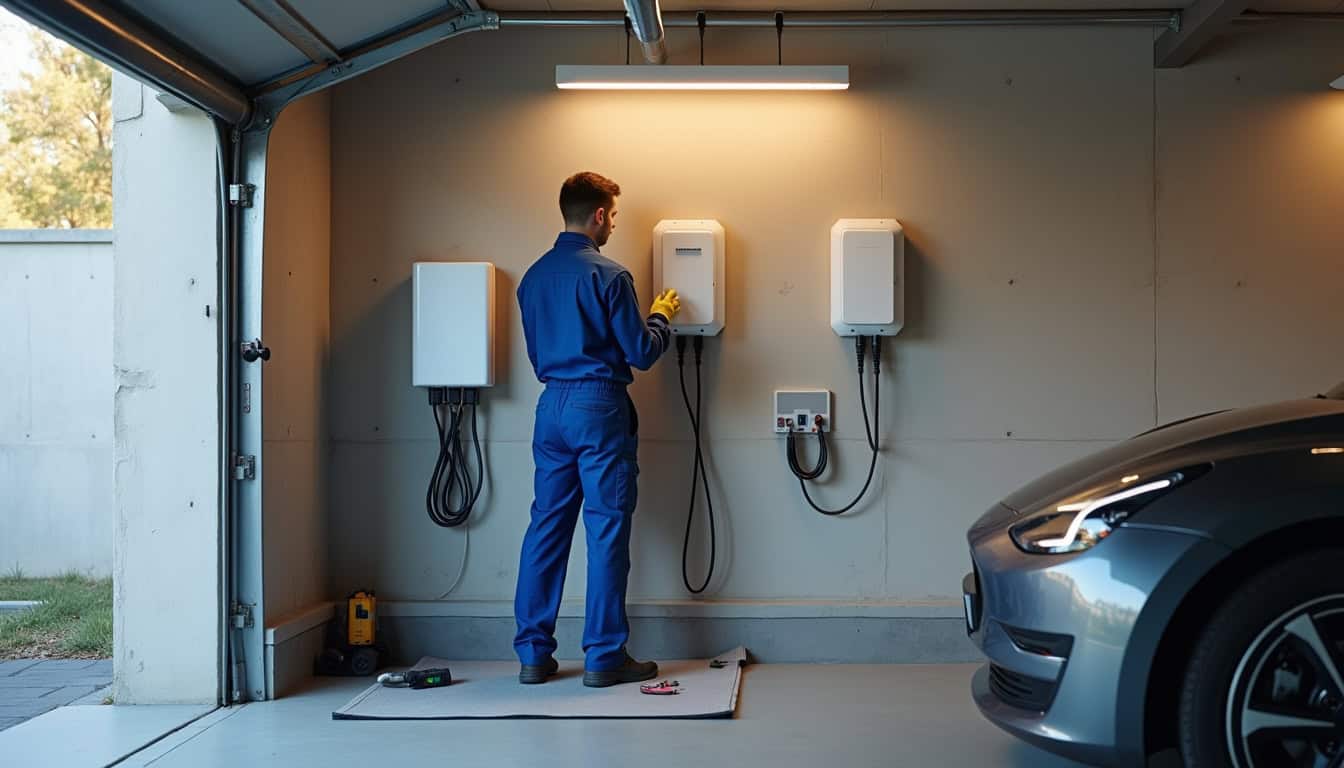 Un électricien en train d’installer une borne de recharge électrique dans un garage à Cormontreuil