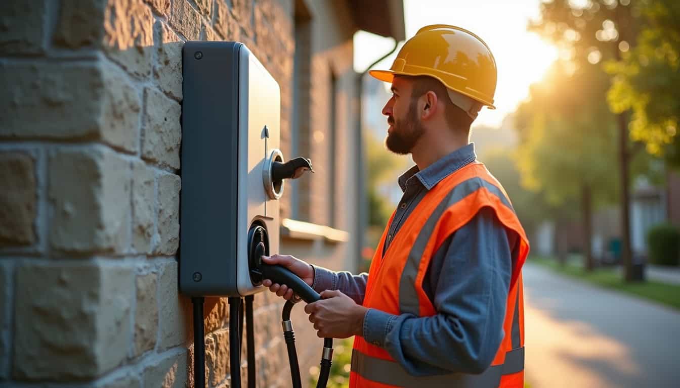 Un électricien en train d'installer une borne de recharge sur le mur d'une maison à Saint-Philibert
