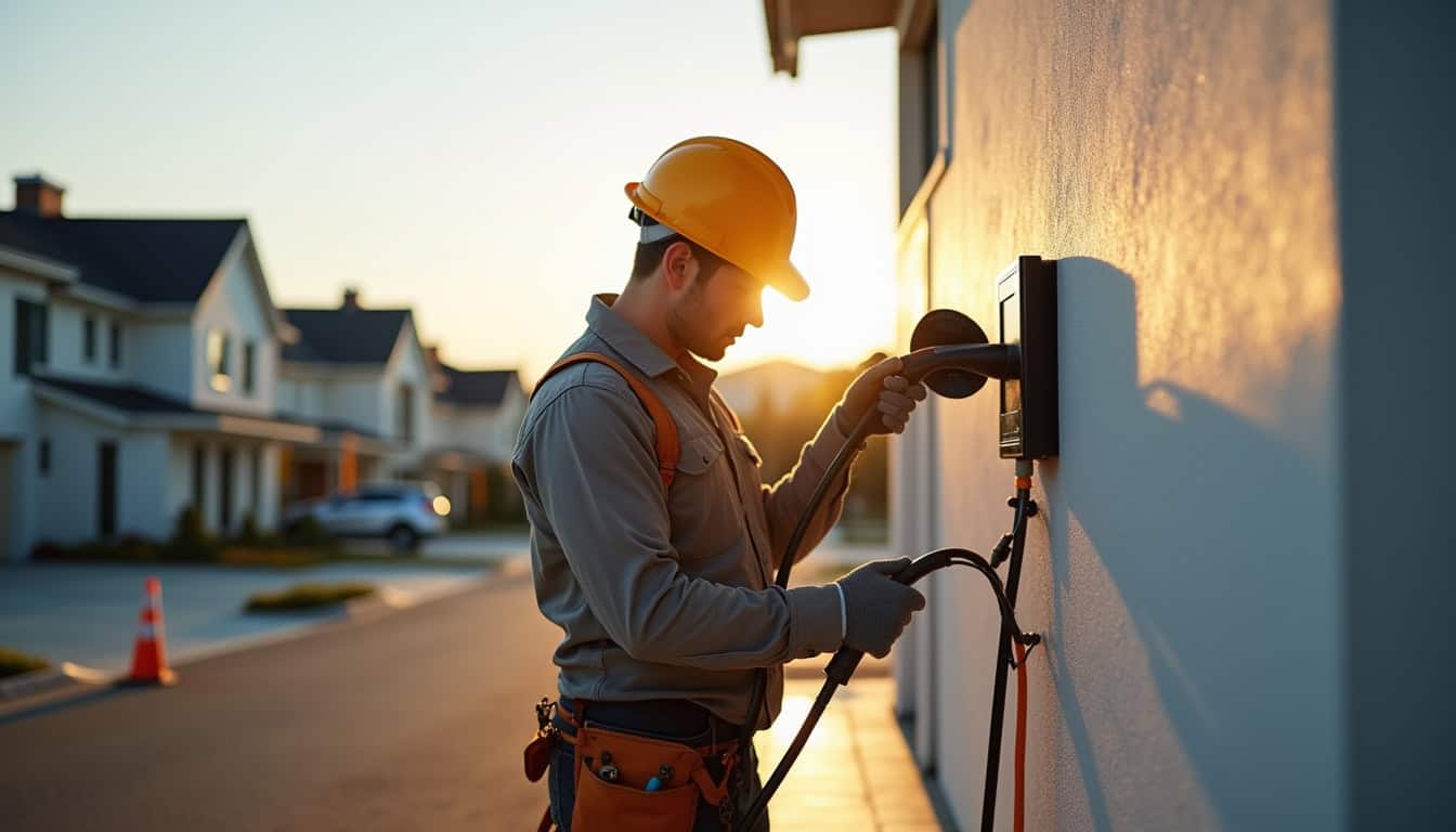 Un électricien en train d'installer une borne de recharge sur un mur extérieur, avec outils et matériel de sécurité