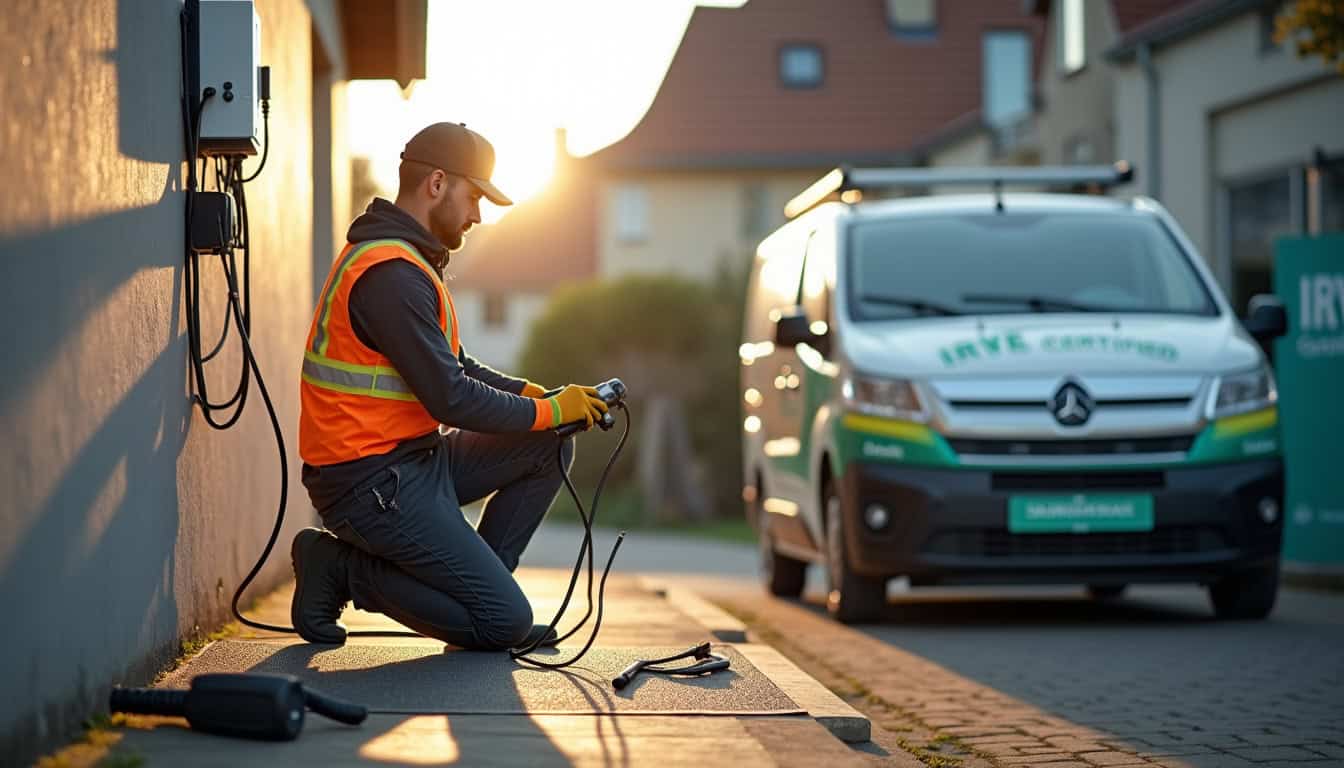 Un électricien IRVE en train d’installer une borne de recharge électrique devant un garage à Farébersviller