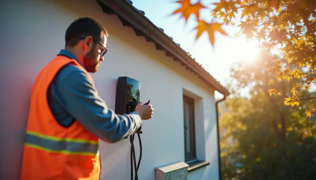 Un installateur certifié IRVE en train de fixer une borne de recharge murale sur un mur extérieur à Habsheim