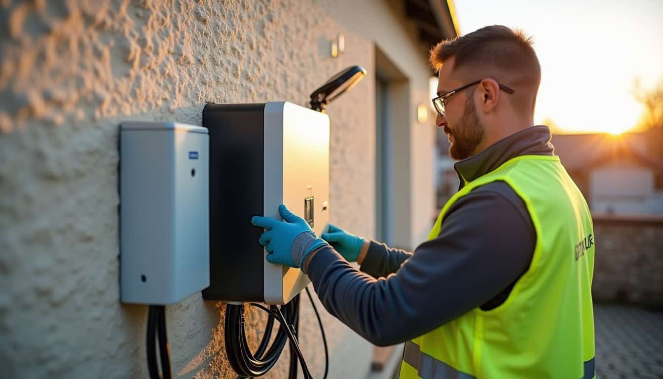 Un installateur certifié IRVE en train de poser une borne de recharge électrique à Paimbœuf
