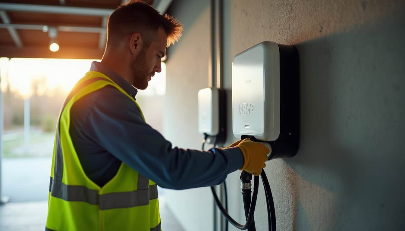 Un installateur certifié IRVE en train de poser une borne de recharge électrique dans un garage