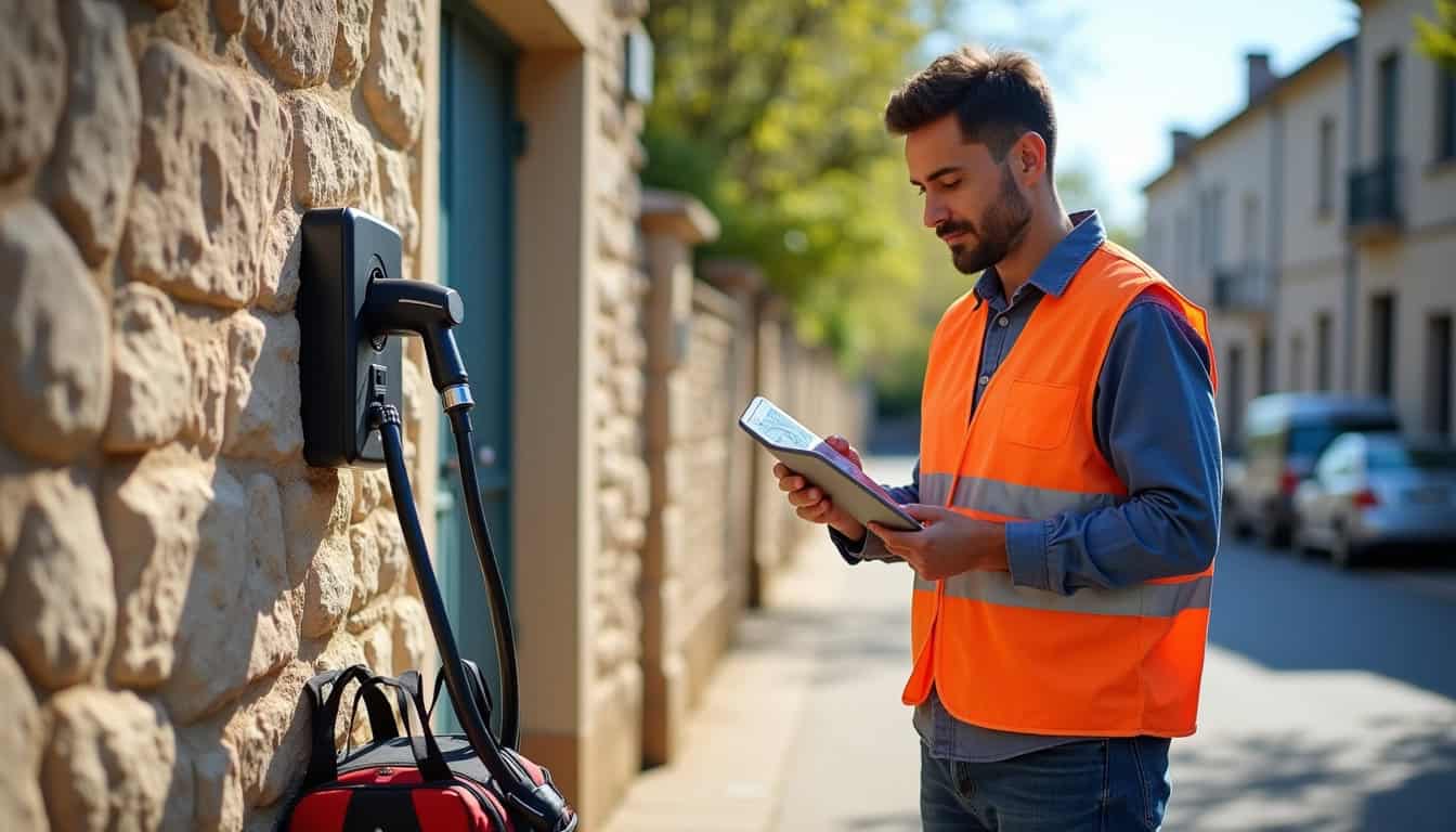 Un installateur certifié IRVE en train de vérifier une installation électrique près d