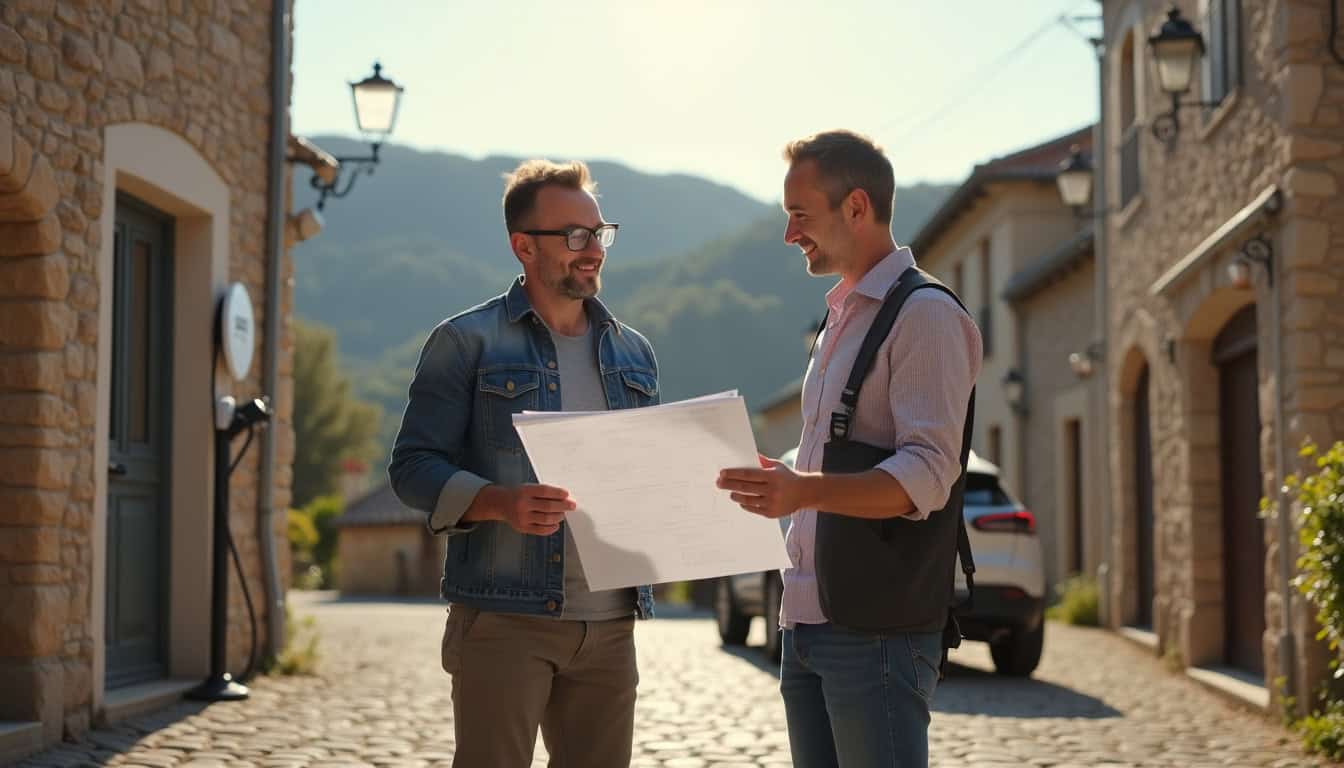 Un installateur en discussion avec un propriétaire devant un plan d'installation de borne électrique